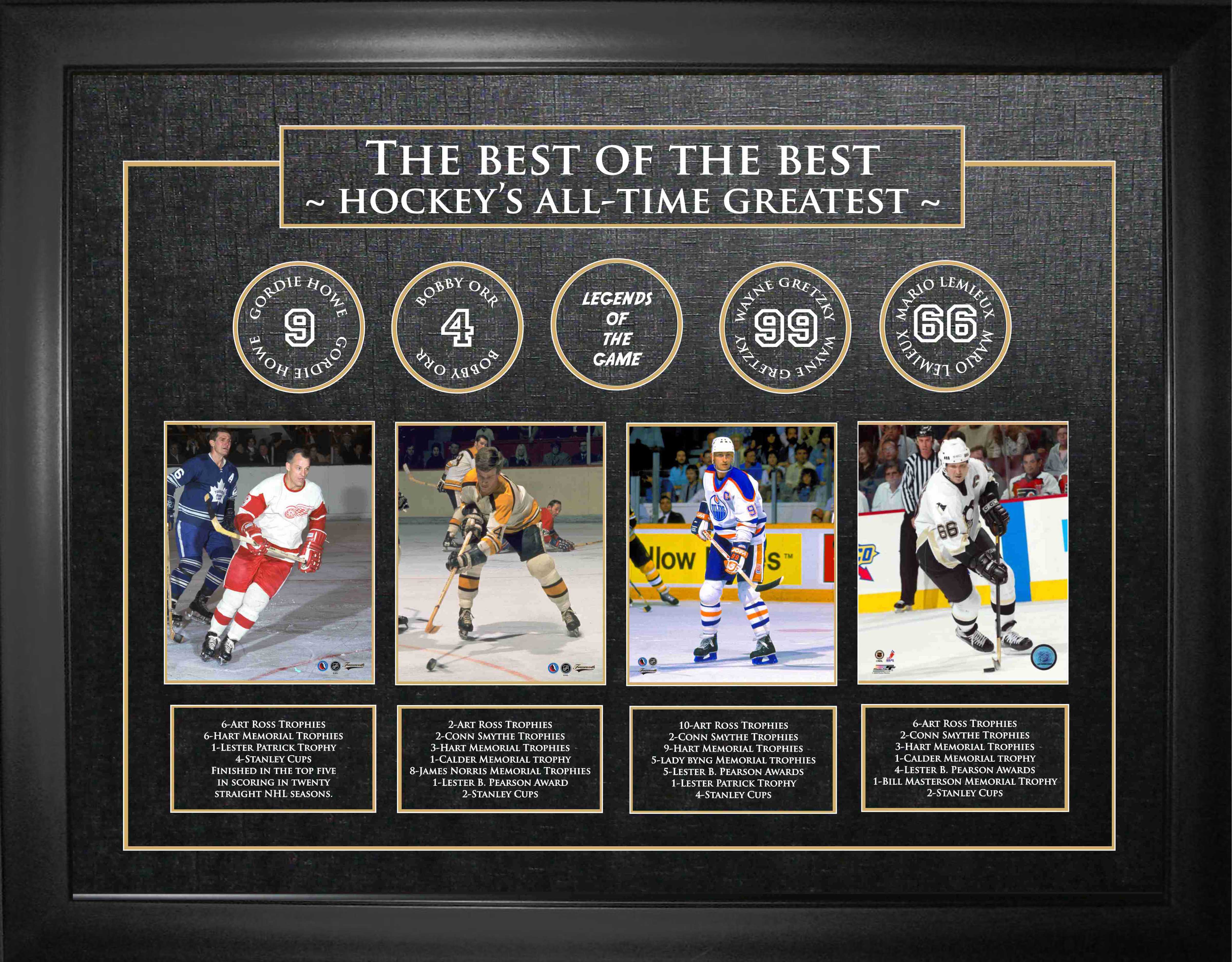 Framed Gordie Howe, Wayne Gretzky, Bobby Orr, and Mario LeMieux Print
